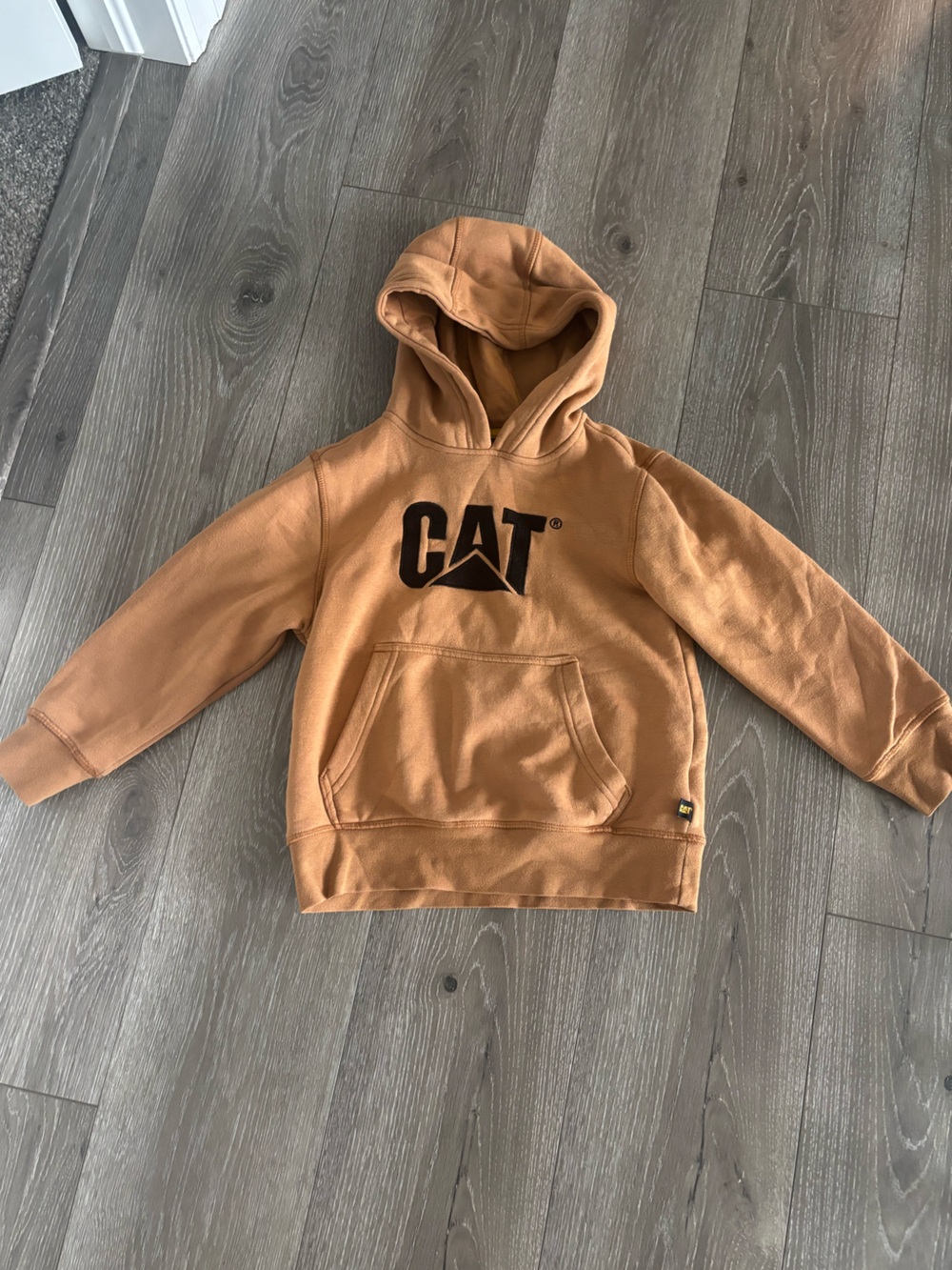 CAT Logo Carhartt-Style Hooded Sweatshirt in Brown, child size 7/8